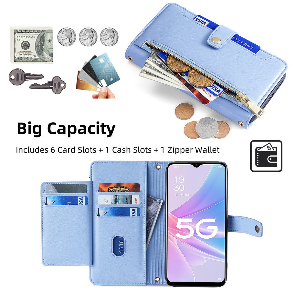 For Oppo A58 5G Textured PU Leather Wallet Case Multiple Card Slots Magnetic Closure Zipper Pocket Stand Phone Cover with Wrist Strap and Shoulder Strap For Oppo A58 5G Textured PU Leather Wallet Case Multiple Card Slots Magnetic Closure Zipper Pocket Stand Phone Cover with Wrist Strap and Shoulder Strap